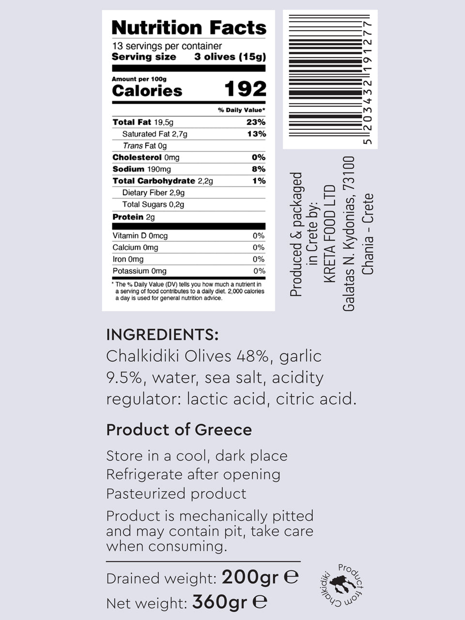 Entelia Chalkidiki Olives with Garlic 15-Pack